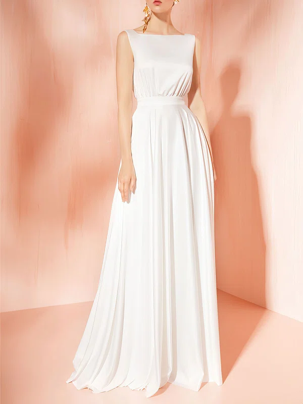 A-line Square Neckline Satin Floor-length Wedding Dress #UKM00027799