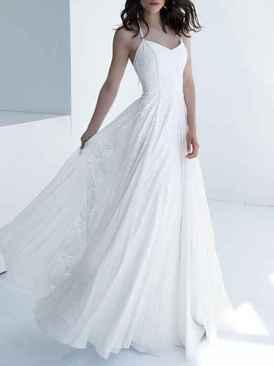 A-line V-neck Chiffon Floor-length Wedding Dress With Appliques Lace #UKM00027803