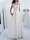 A-line Off-the-shoulder Satin Floor-length Wedding Dress #UKM00027804