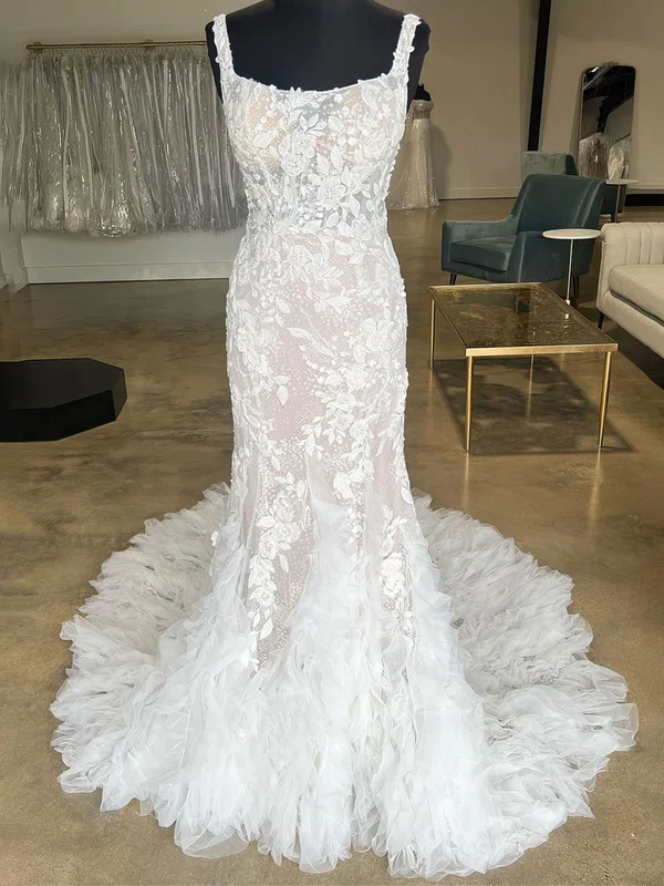Sheath/Column Square Neckline Lace Court Train Wedding Dress #UKM00027810