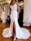 Sheath/Column V-neck Lace Sweep Train Wedding Dress With Split Front #UKM00027811