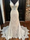 Sheath/Column V-neck Lace Court Train Wedding Dress With Pearl Detailing #UKM00027812
