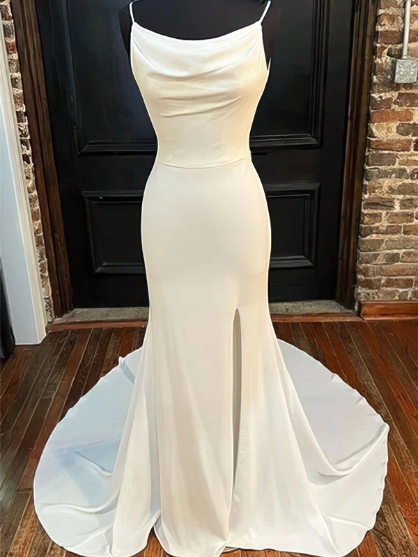 Trumpet/Mermaid Cowl Neck Satin Court Train Wedding Dress With Split Front #UKM00027813