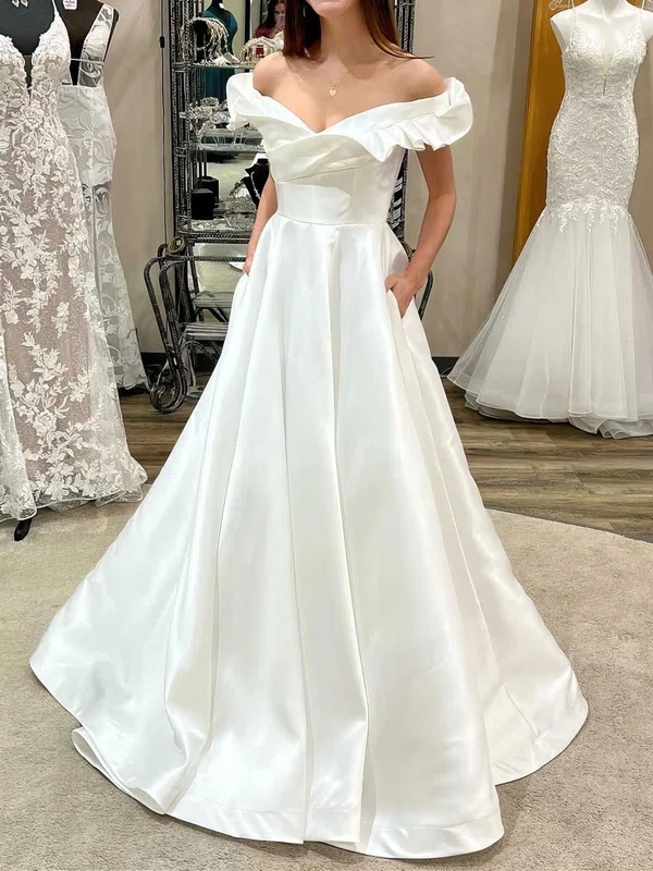Ball Gown/Princess Off-the-shoulder Satin Sweep Train Wedding Dress #UKM00027814