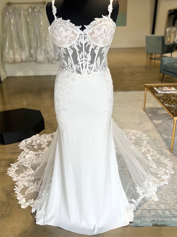 Trumpet/Mermaid Sweetheart Tulle Court Train Wedding Dress With Appliques Lace #UKM00027822