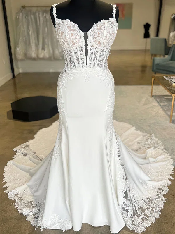 Trumpet/Mermaid Sweetheart Stretch Crepe Court Train Wedding Dress With Appliques Lace #UKM00027823