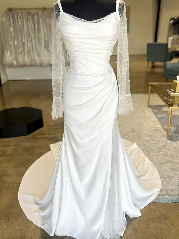 Trumpet/Mermaid V-neck Satin Court Train Wedding Dress With Beading #UKM00027824
