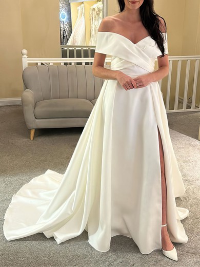 Ball Gown/Princess Off-the-shoulder Satin Court Train Wedding Dress With Split Front #UKM00027847