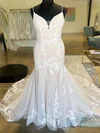 Trumpet/Mermaid V-neck Tulle Court Train Wedding Dress With Appliques Lace #UKM00027851