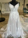 Ball Gown/Princess V-neck Tulle Court Train Wedding Dress With Appliques Lace #UKM00027852