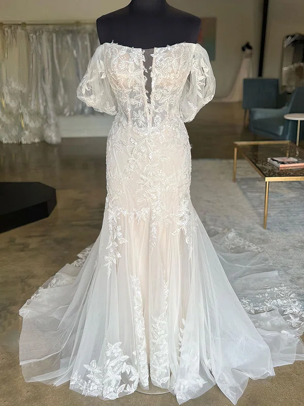 Trumpet/Mermaid Off-the-shoulder Tulle Chapel Train Wedding Dress With Appliques Lace #UKM00027855