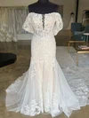 Trumpet/Mermaid Off-the-shoulder Tulle Chapel Train Wedding Dress With Appliques Lace #UKM00027855
