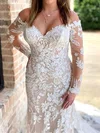 Trumpet/Mermaid Off-the-shoulder Tulle Chapel Train Wedding Dress With Appliques Lace #UKM00028065