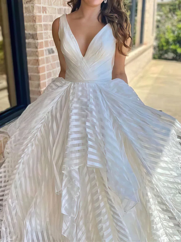 Ball Gown/Princess V-neck Organza Chapel Train Wedding Dress With Ruffles #UKM00028071