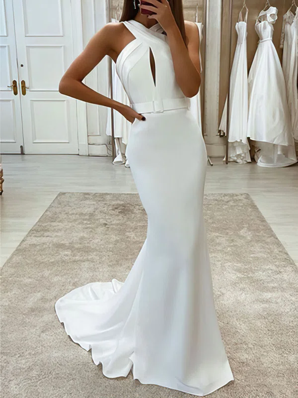 Trumpet/Mermaid V-neck Stretch Crepe Sweep Train Wedding Dress #UKM00028092