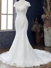 Trumpet/Mermaid High Neck Tulle Court Train Wedding Dress With Appliques Lace #UKM00028104