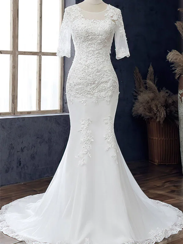 Trumpet/Mermaid Illusion Tulle Court Train Wedding Dress With Appliques Lace #UKM00028105