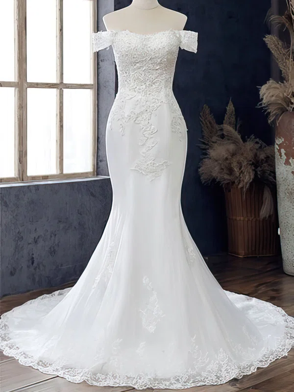Trumpet/Mermaid Off-the-shoulder Tulle Court Train Wedding Dress With Appliques Lace #UKM00028106
