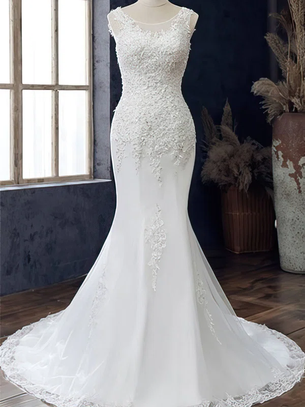 Trumpet/Mermaid Illusion Tulle Court Train Wedding Dress With Appliques Lace #UKM00028107