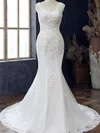 Trumpet/Mermaid Illusion Tulle Court Train Wedding Dress With Appliques Lace #UKM00028107