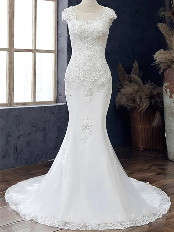 Trumpet/Mermaid Illusion Tulle Court Train Wedding Dress With Appliques Lace #UKM00028109
