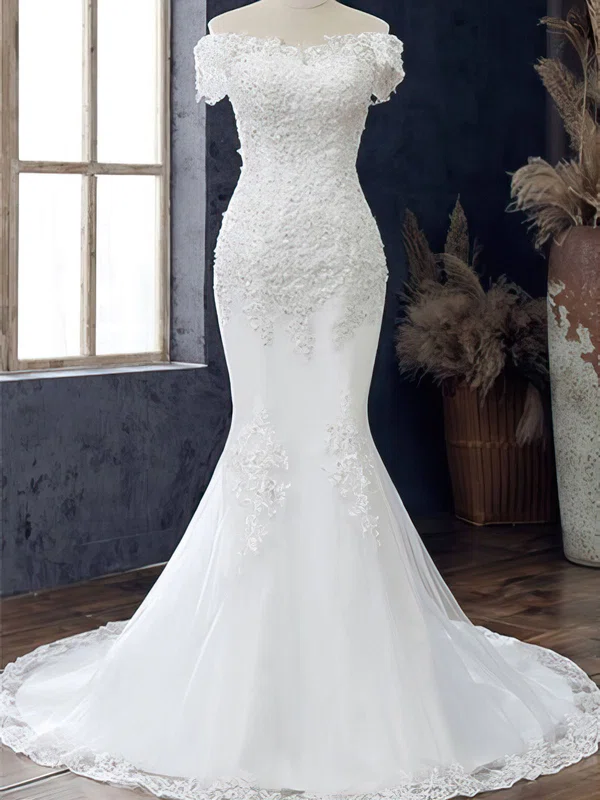 Trumpet/Mermaid Off-the-shoulder Tulle Court Train Wedding Dress With Appliques Lace #UKM00028110