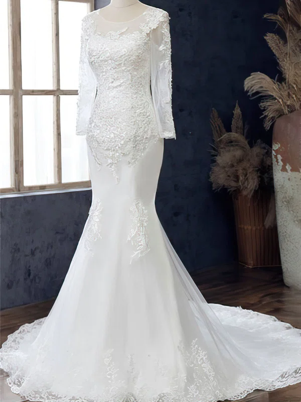 Trumpet/Mermaid Illusion Tulle Court Train Wedding Dress With Appliques Lace #UKM00028112