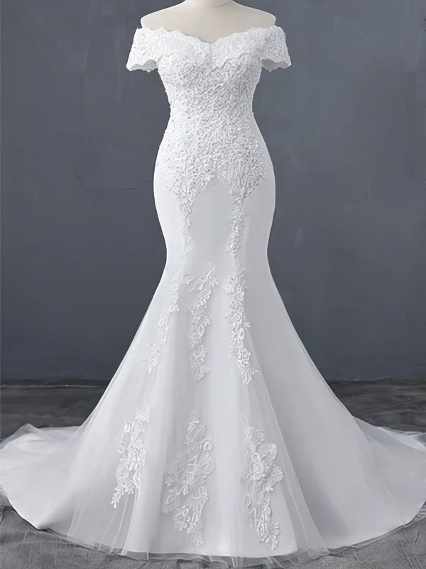 Trumpet/Mermaid Off-the-shoulder Tulle Sweep Train Wedding Dress With Appliques Lace #UKM00028114