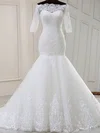 Trumpet/Mermaid Off-the-shoulder Tulle Sweep Train Wedding Dress With Appliques Lace #UKM00028115