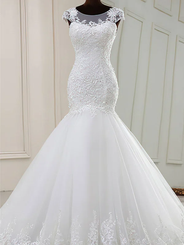 Trumpet/Mermaid Illusion Tulle Sweep Train Wedding Dress With Appliques Lace #UKM00028116