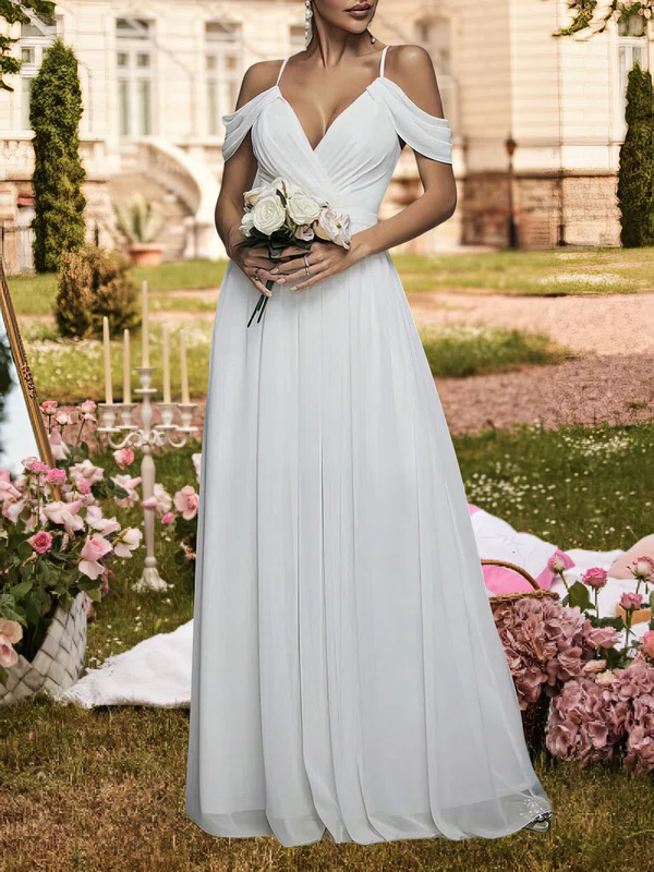A-line V-neck Chiffon Floor-length Wedding Dress With Ruched #UKM00028119