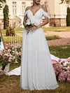 A-line V-neck Chiffon Floor-length Wedding Dress With Ruched #UKM00028119