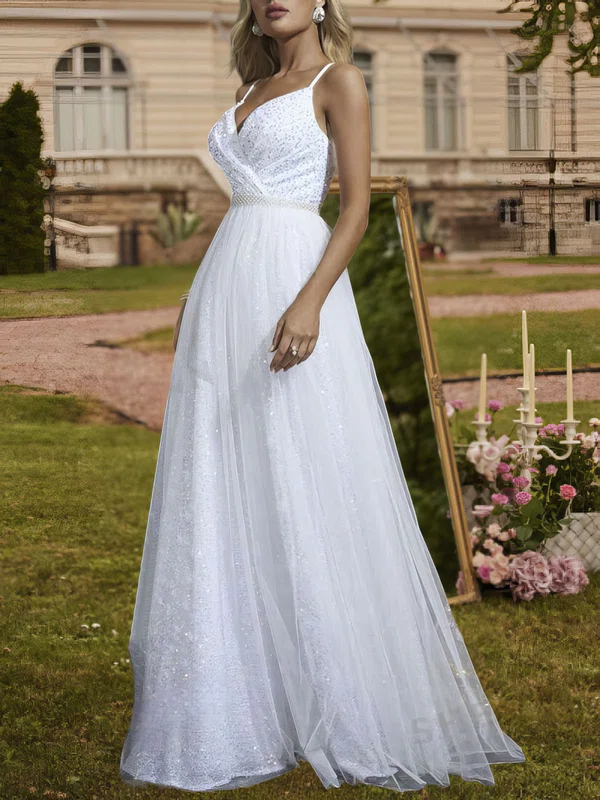 Ball Gown/Princess V-neck Tulle Velvet Sequin Floor-length Wedding Dress #UKM00028121