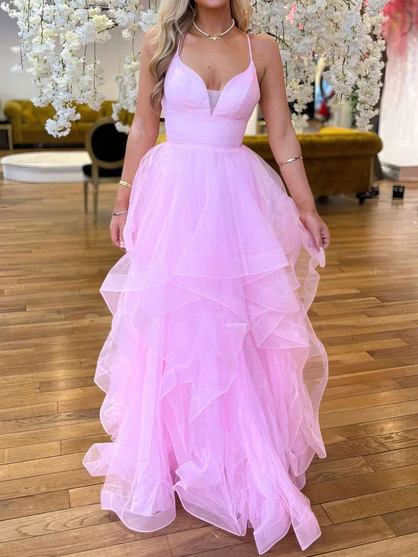 Ball Gown V-neck Tulle Ruffle Tiered Prom Dresses #UKM020122037