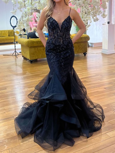 Mermaid V-neck Tulle Ruffle Prom Dresses With Appliques #UKM020122048
