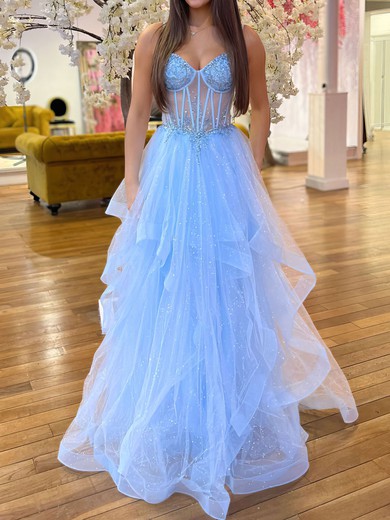 Princess V-neck Tulle Ruffle Prom Dresses With Beading #UKM020122051