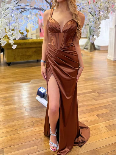 Sheath/Column V-neck Satin Corset Prom Dresses With Ruched #UKM020122057