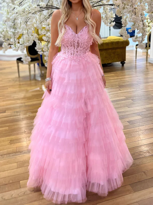Ball Gown V-neck Tulle Ruffle Tiered Prom Dresses With Appliques #UKM020122066