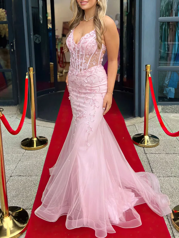 Mermaid V-neck Tulle Corset Prom Dresses With Appliques #UKM020122093