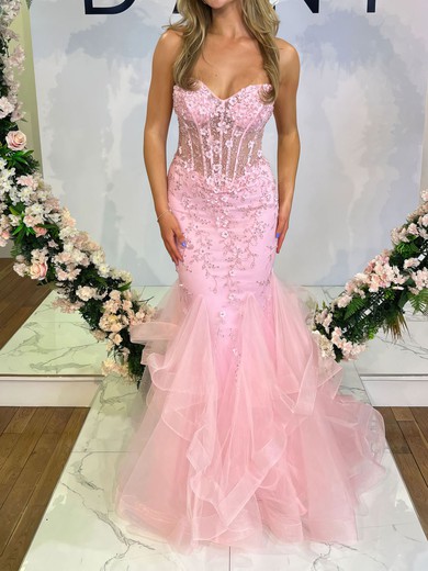 Mermaid Strapless Tulle Tiered Prom Dresses With Appliques #UKM020122095
