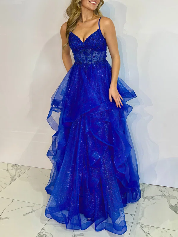 Ball Gown V-neck Tulle Ruffle Tiered Prom Dresses With Appliques #UKM020122105