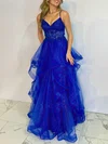 Ball Gown V-neck Tulle Ruffle Tiered Prom Dresses With Appliques #UKM020122105