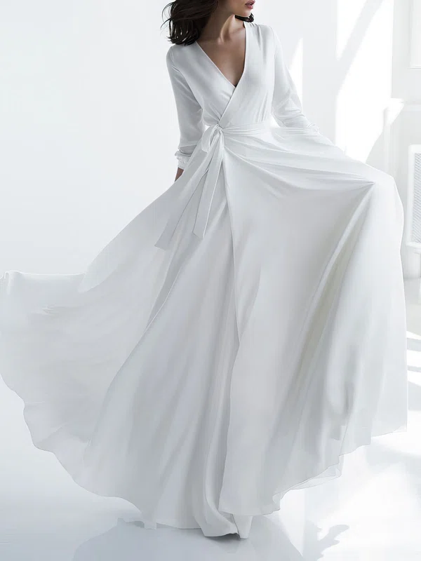 A-line V-neck Chiffon Floor-length Wedding Dress #UKM00027856