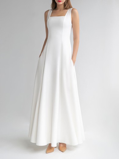 A-line Square Neckline Stretch Crepe Floor-length Wedding Dress #UKM00027864