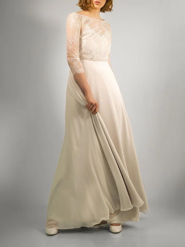 A-line Illusion Lace Chiffon Floor-length Wedding Dress #UKM00027872