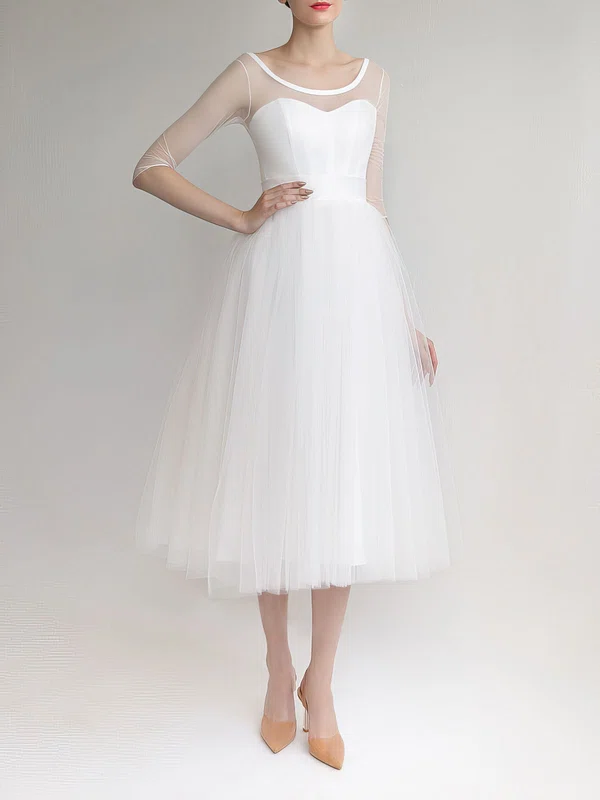 Ball Gown/Princess Illusion Tulle Tea-length Wedding Dress #UKM00027881