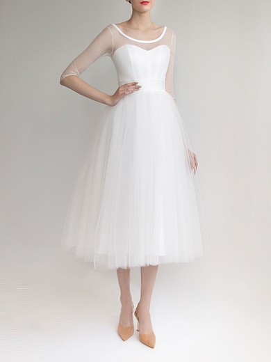 Ball Gown/Princess Illusion Tulle Tea-length Wedding Dress #UKM00027881