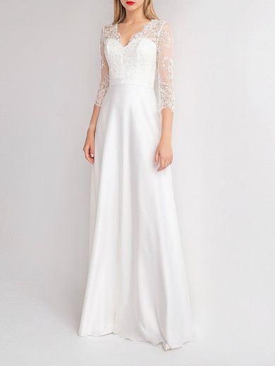 A-line V-neck Satin Floor-length Wedding Dress With Lace #UKM00027890