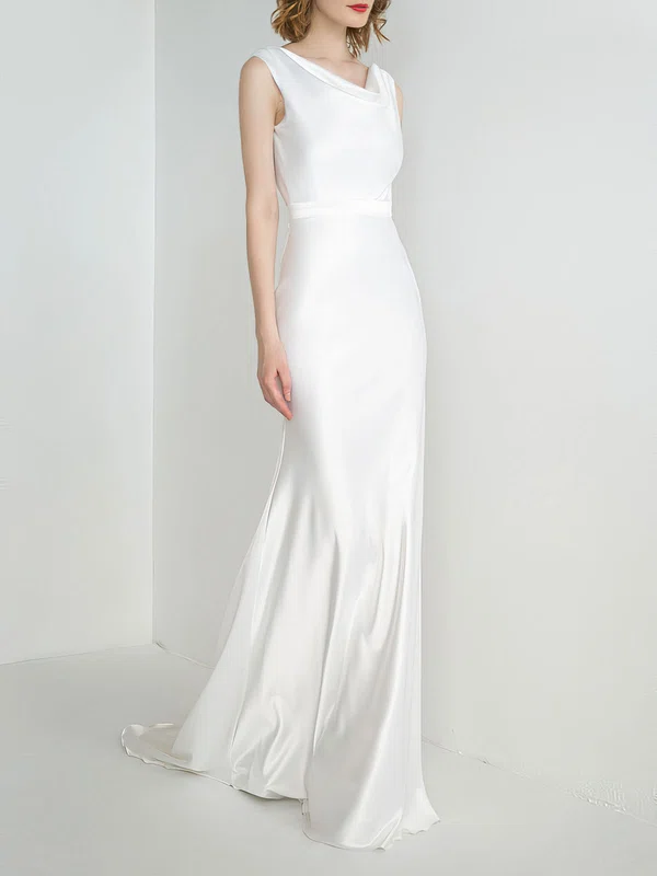 Sheath/Column Cowl Neck Satin Sweep Train Wedding Dress #UKM00027893