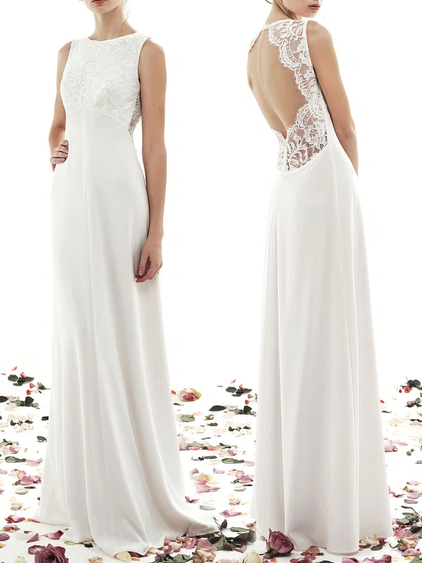 Sheath/Column Scoop Neck Chiffon Floor-length Wedding Dress With Lace #UKM00027894